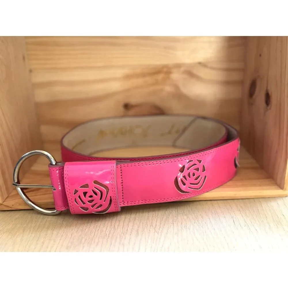 Betsy Johnson 100% Patent Leather Fuschia Pink Laser Cut Roses Belt Size S